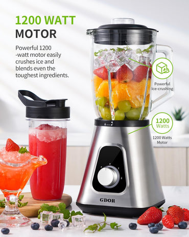 GDOR 1200W Standmixer 2-1Smoothie Maker mit 1,5L Glaskrug und 650ml Reisebecher