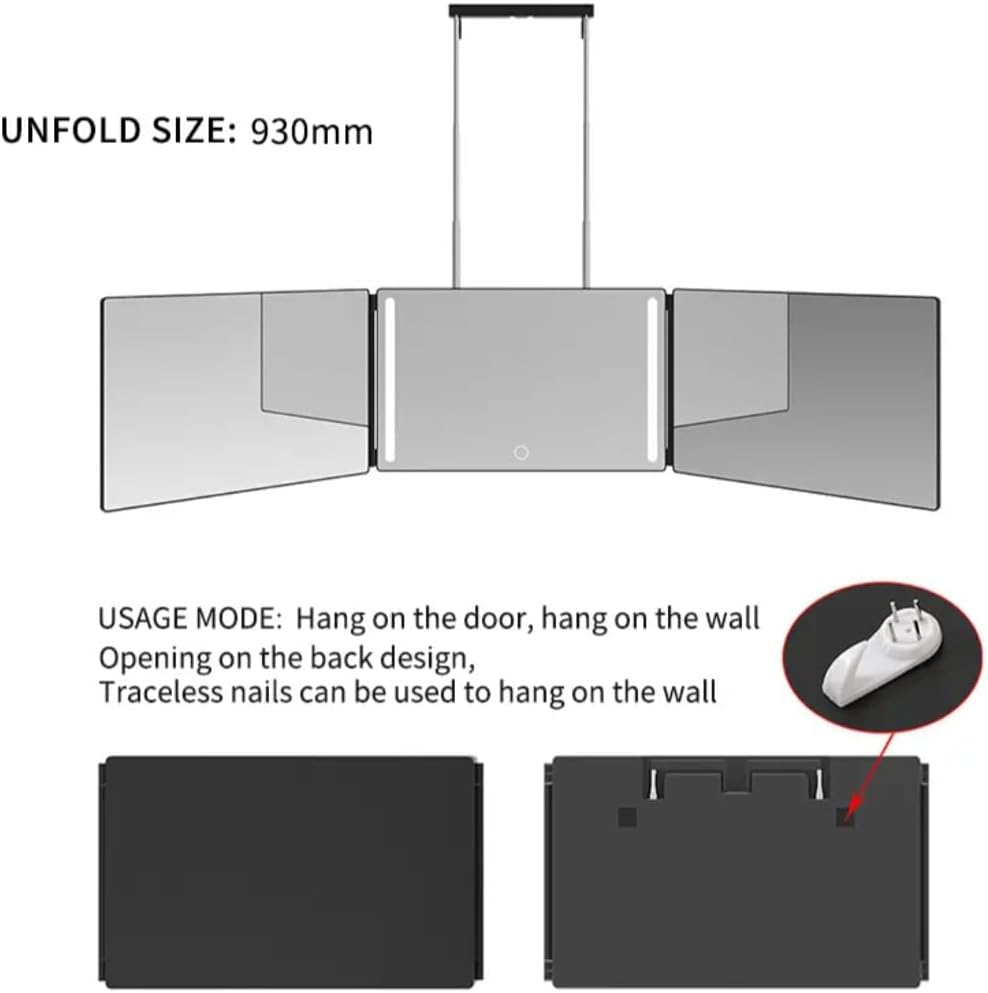 Generic SK2102 LED-Spiegel, Schminkspiegel, dreifach faltbar, zum Aufhängen, Schwarz