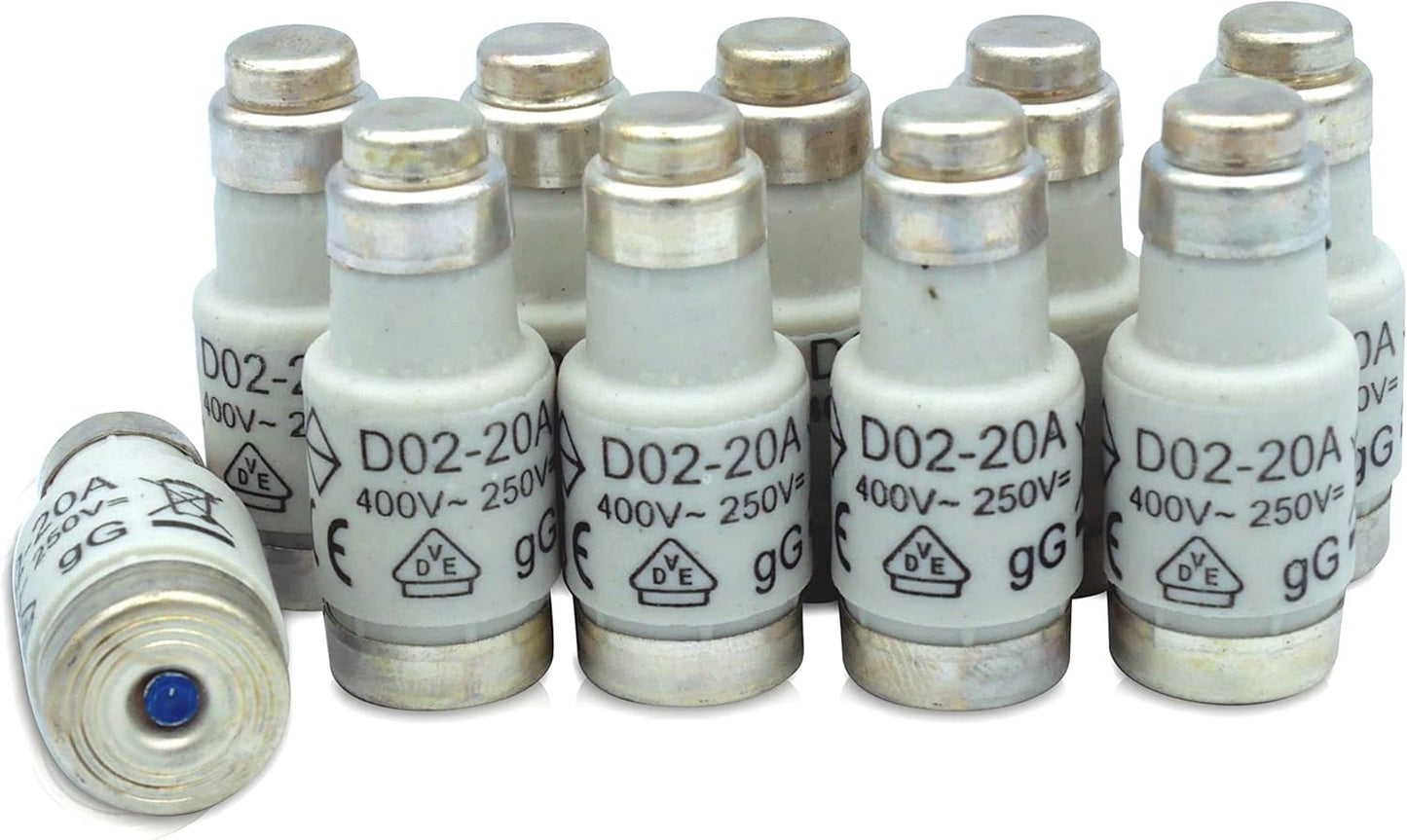 GRENDA-HAMMER® 10er Pack Neozed Sicherungen Schmelzeinsätze D01 10 à 16A et D02 20 à 63A (D02-20A (Blau))