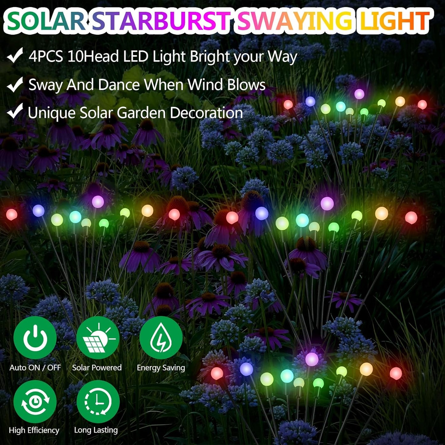 Glovios Firefly Solar Gartenfeuerzeug 10 LED, 4 Stück Solarlampen für den Garten im Freien, schwingende Glühwürmchen Solarleuchten, wasserdicht, (RGB)