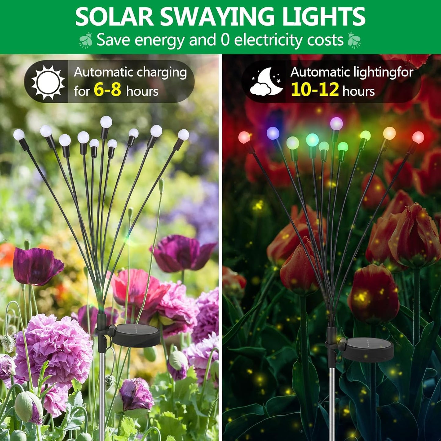 Glovios Firefly Solar Gartenfeuerzeug 10 LED, 4 Stück Solarlampen für den Garten im Freien, schwingende Glühwürmchen Solarleuchten, wasserdicht, (RGB)