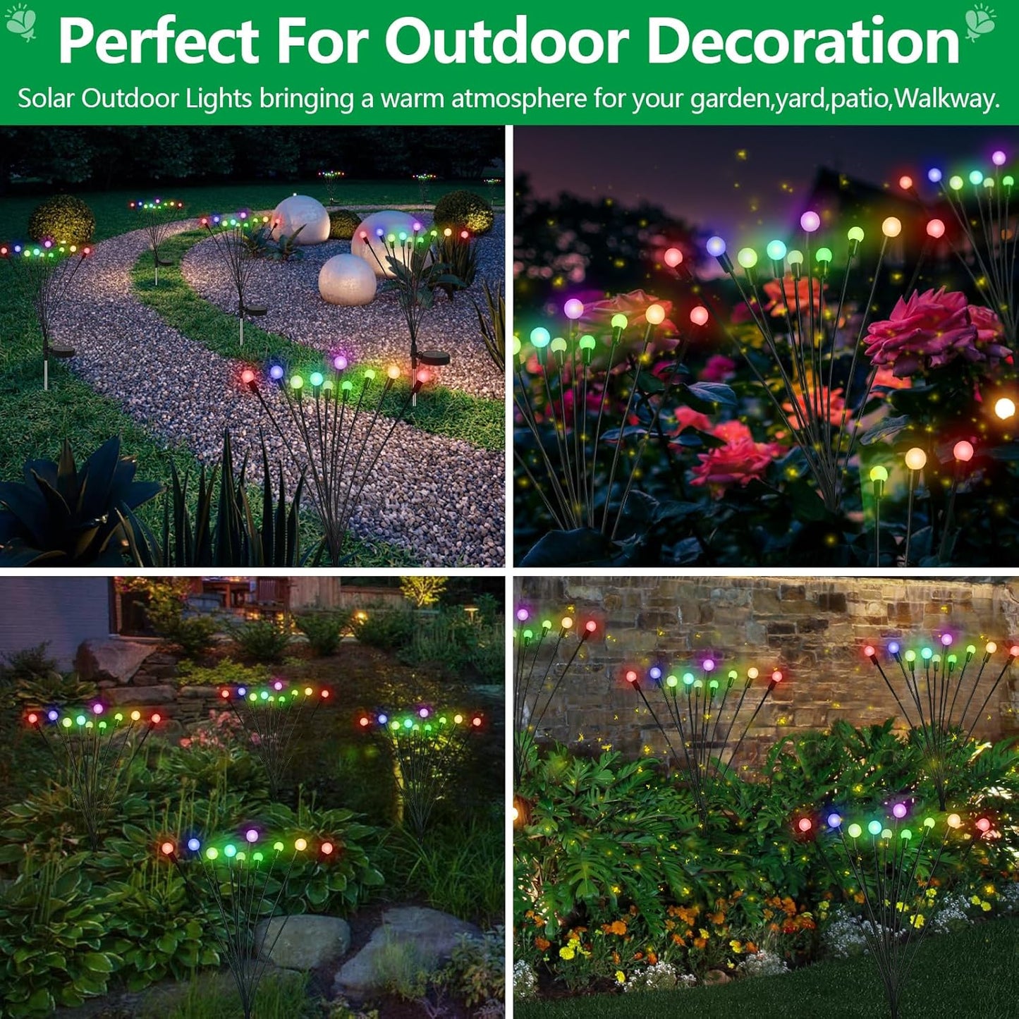Glovios Firefly Solar Gartenfeuerzeug 10 LED, 4 Stück Solarlampen für den Garten im Freien, schwingende Glühwürmchen Solarleuchten, wasserdicht, (RGB)