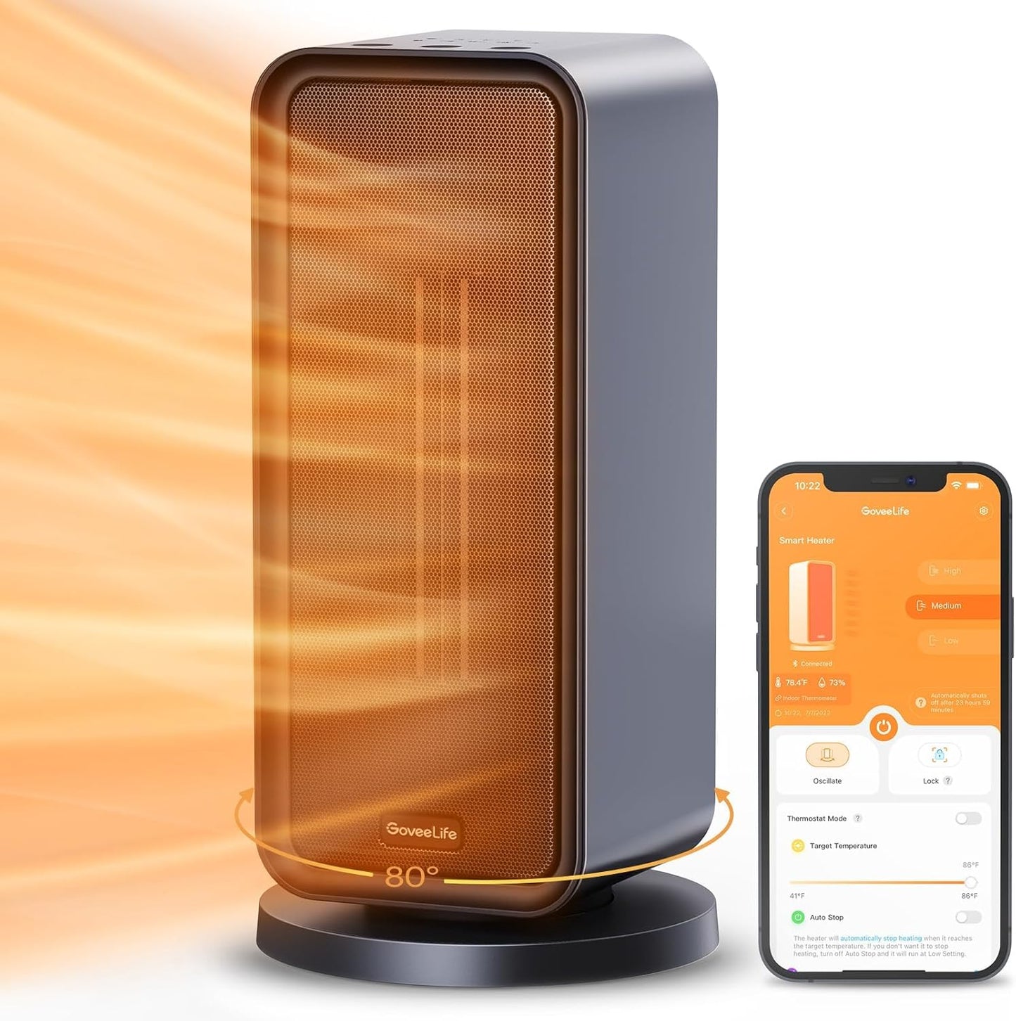 GoveeLife Intelligenter elektrischer Heizlüfter 1500W für große Räume