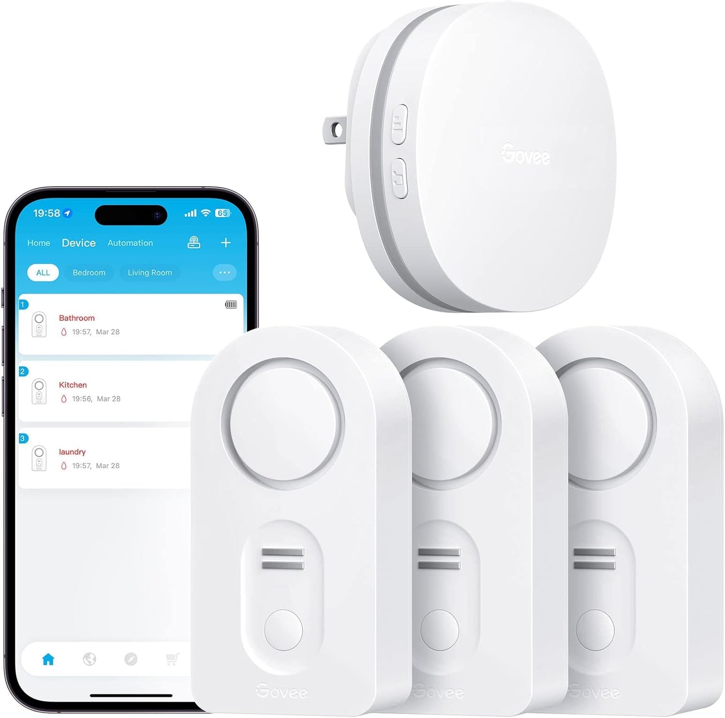 Govee WLAN Wassersensor Smart App, Kabelloser und 100 dB einstellbarer Alarm mit E-Mail/App-Support, Fernüberwachung für den Keller im Haus (3er Pack)