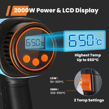 GoGonova 2000W Chauffage haute température avec écran numérique LCD, 50 ℃ - 650 ℃ Haute température avec écran LCD, 5 lumières, 2 flux d'air, idéal pour les fers à repasser, les lits, les rideaux