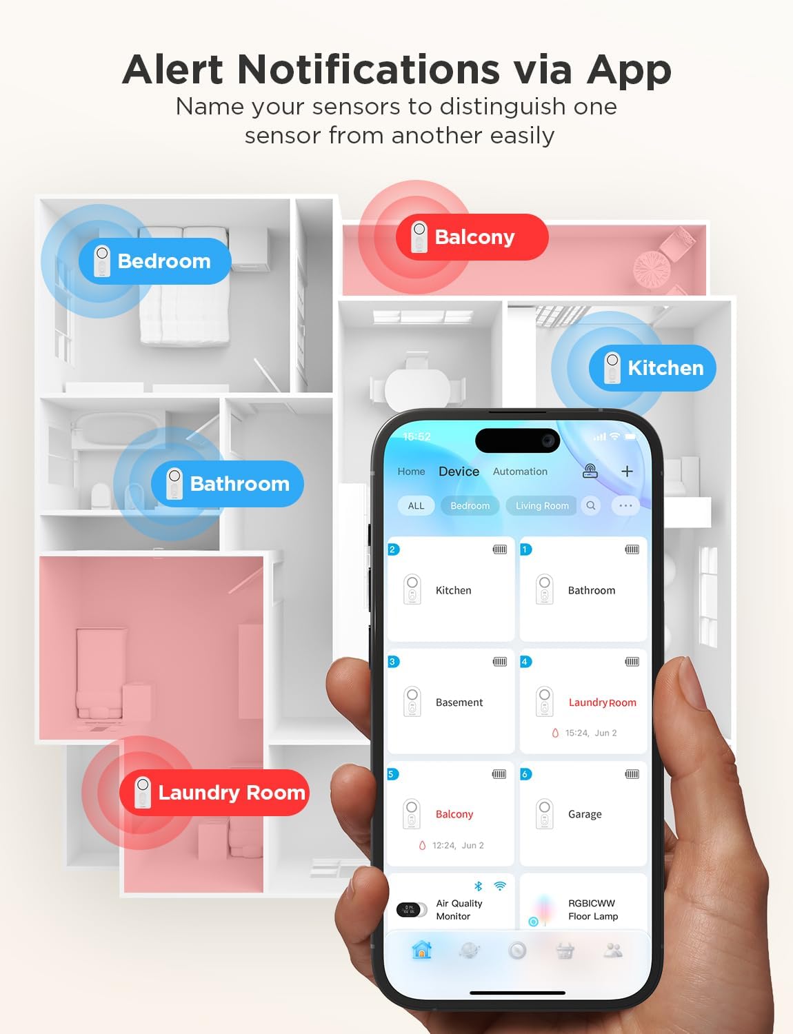 Govee WLAN Wassersensor Smart App, Kabelloser und 100 dB einstellbarer Alarm mit E-Mail/App-Support, Fernüberwachung für den Keller im Haus (3er Pack)