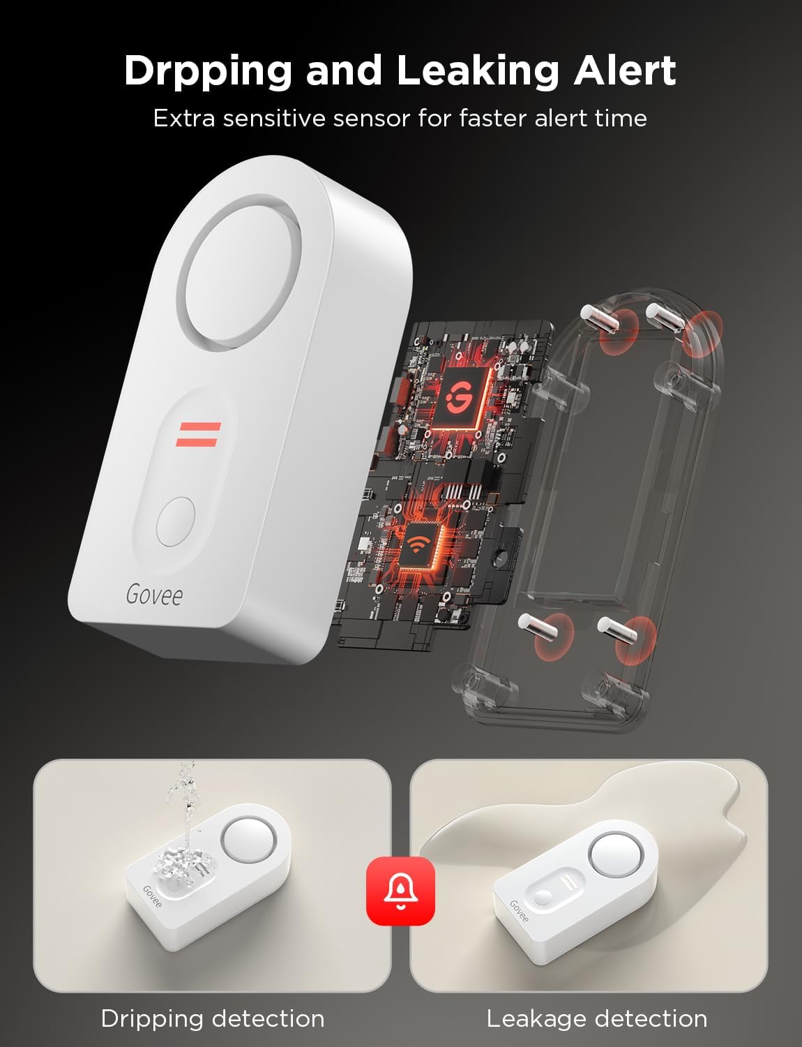 Govee WLAN Wassersensor Smart App, Kabelloser und 100 dB einstellbarer Alarm mit E-Mail/App-Support, Fernüberwachung für den Keller im Haus (3er Pack)