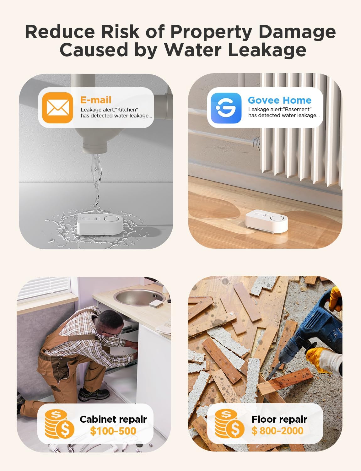 Govee WLAN Wassersensor Smart App, Kabelloser und 100 dB einstellbarer Alarm mit E-Mail/App-Support, Fernüberwachung für den Keller im Haus (3er Pack)