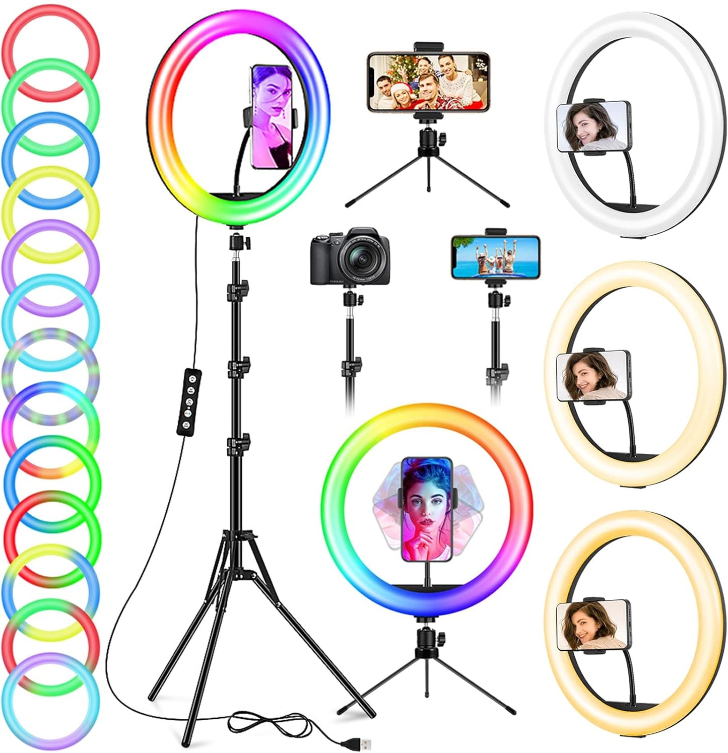 GerTong Ringlicht mit Stativ Handy Gesamthöhe 178cm, 12.6 Zoll Dimmbare LED Selfie Ring