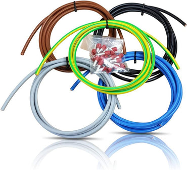 grenda-hammer® | Kupfer Verdrahtungssatz H07V-K 10qmm 5 Farben je 2 Meter und 25 isolierte Aderendhülsen Kabelbaum für Zählerschrank und Elektroverteiler