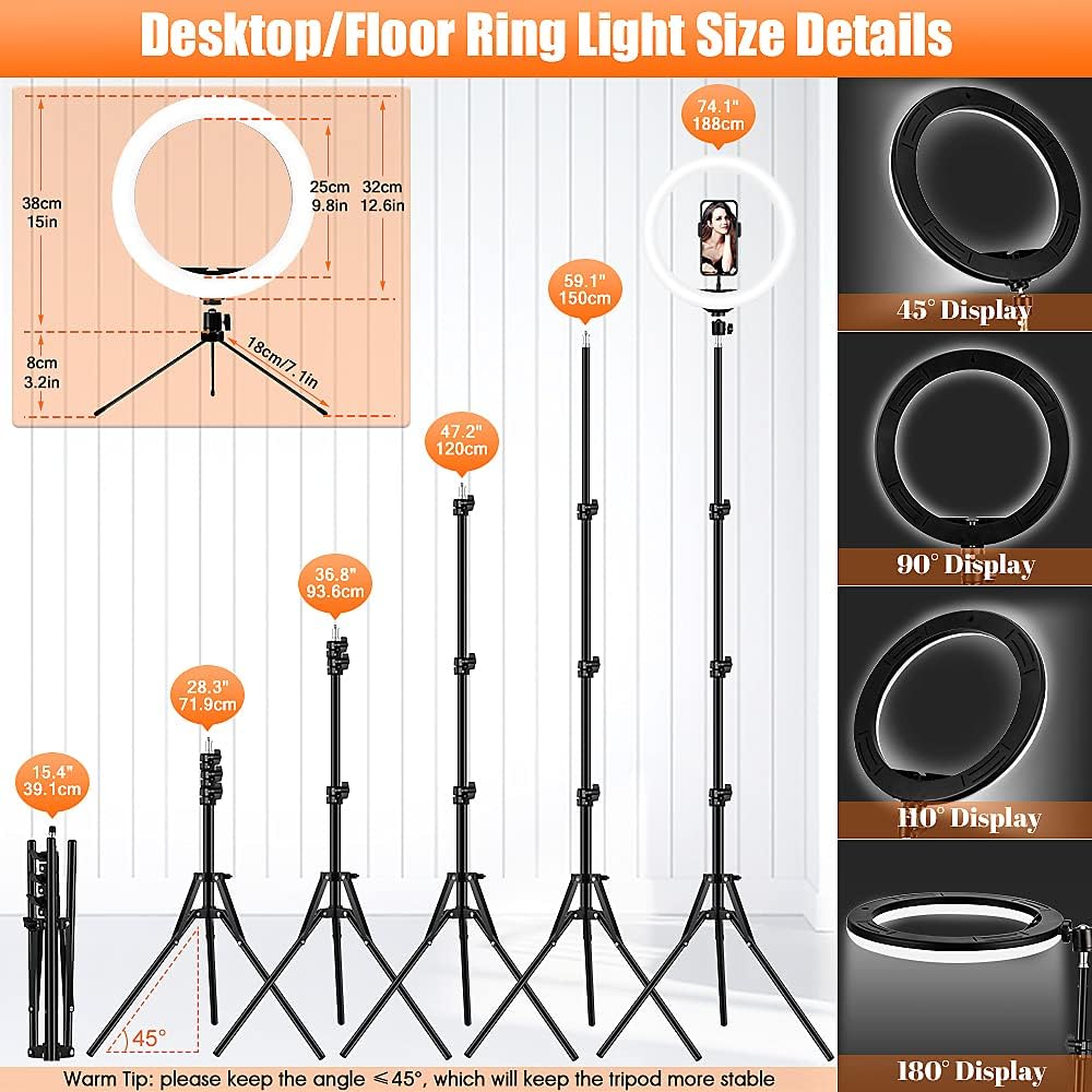 GerTong Ringlicht mit Stativ Handy Gesamthöhe 178cm, 12.6 Zoll Dimmbare LED Selfie Ring