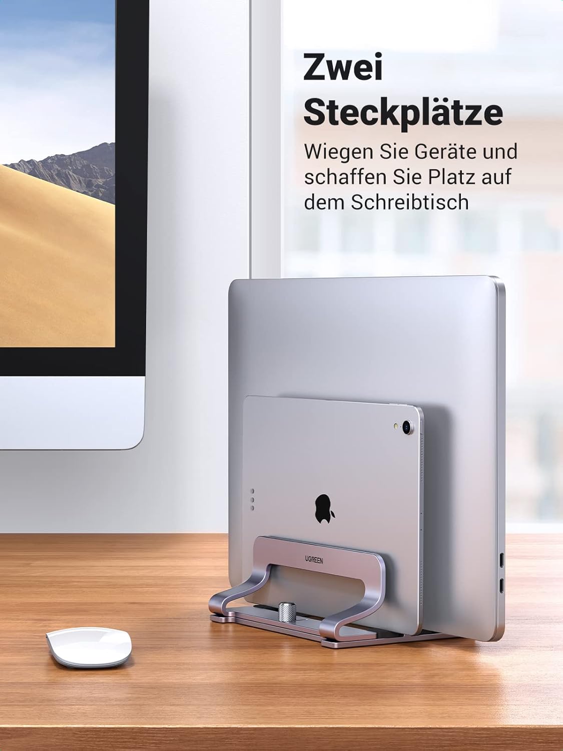UGREEN Vertikaler Laptop Ständer Aluminium 2 Slot Vertikal Stand Vertikaler MacBook Ständer Platzsparende Halterung für MacBook Pro/Air, iPad, Huawei, Surface, Dell, HP, Lenovo und andere