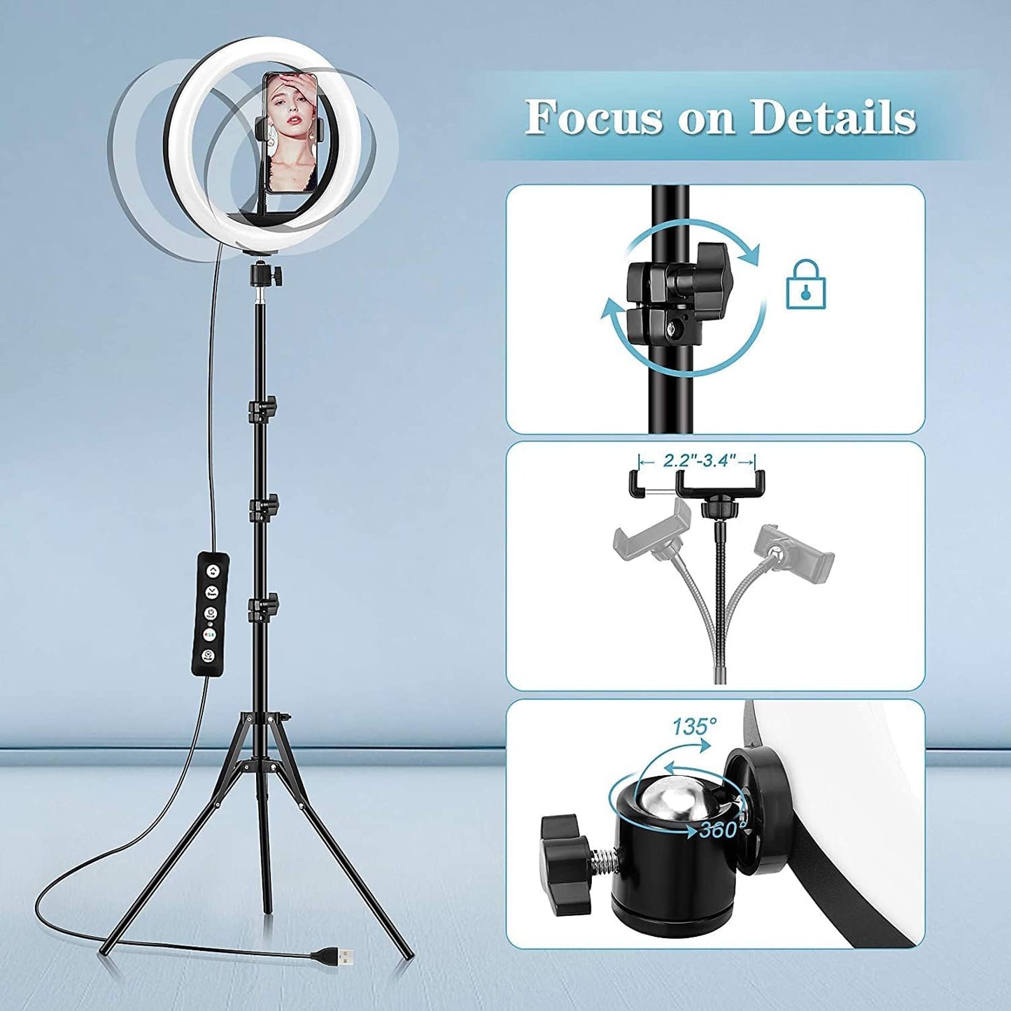 GerTong Ringlicht mit Stativ Handy Gesamthöhe 178cm, 12.6 Zoll Dimmbare LED Selfie Ring