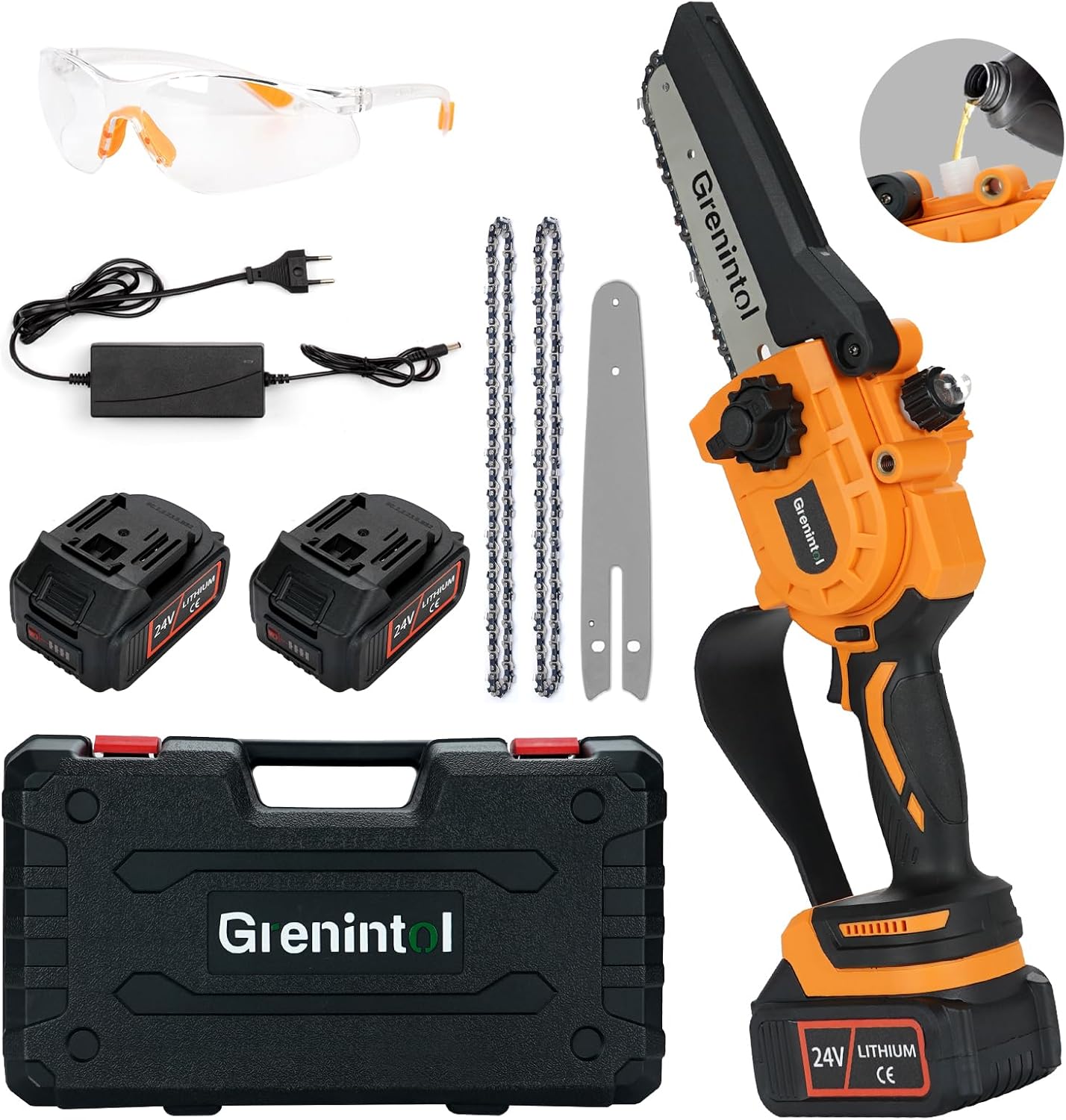 Grenintol 6 Zoll Mini Kettensäge avec batterie 6000mAh, batterie Kettensäge avec Öler automatique et 2 batteries 3.0Ah, Handkettensäge Akku avec 24V pour Gartenscheren Astschere Holzschneiden