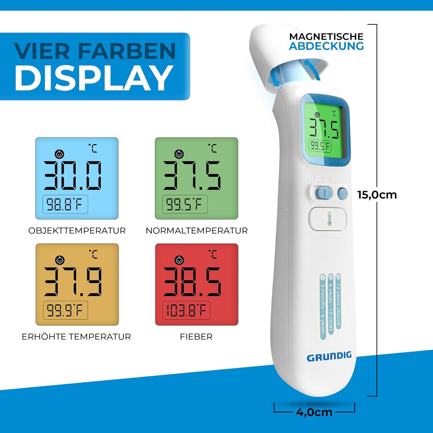 Grundig Fieberthermometer kontaktlos Infrarot Hochpräzise Ohr Stirn Objekte und Baby blitzschnell messen