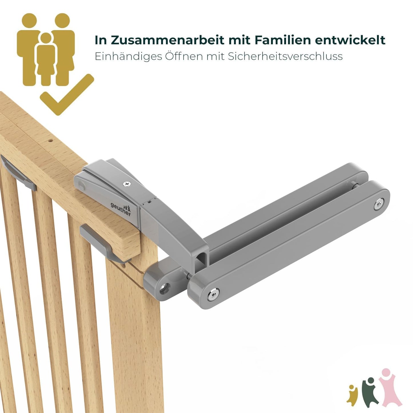 Geuther Treppenschutzgitter Plus - Absperrgitter zur Hinderung von Stürzen von der Treppe -Verstellbereich 67-135 cm - aus massif Buche
