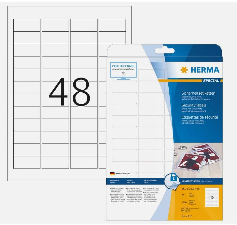 1.200 HERMA Sicherheitsetiketten 4232 weiß 45,7 x 21,2 mm