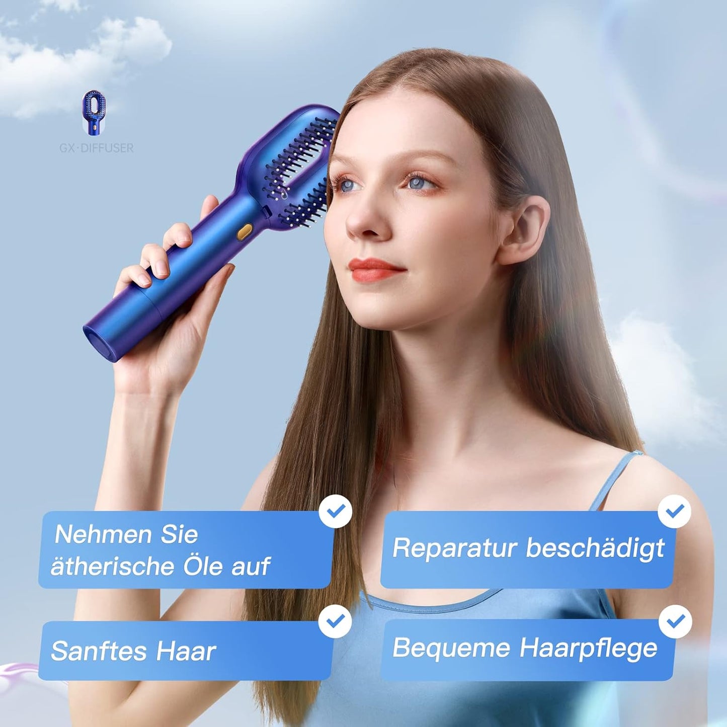 GX·Diffuser Hair Glätter Bürste, Brosse à cheveux électrique avec brosse à cheveux à l'huile avec technologie capillaire Tragbar Glättbürste pour Nasses et Trockenes Haar