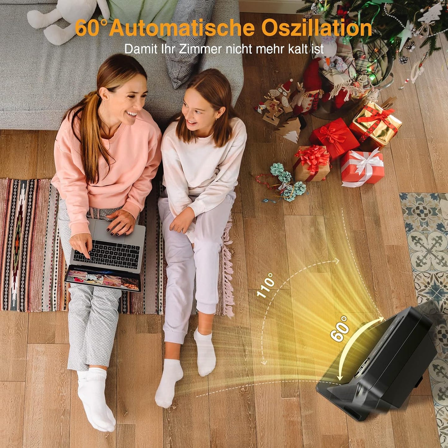 2000W Keramik Heizlüfter Bad, 2x Heizstufen und 2-12H Timer, Heizung mit 60°