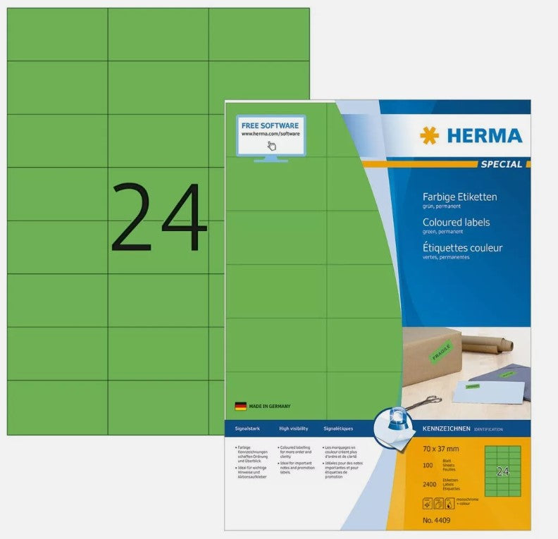 2.400 HERMA Etiketten A4 4409 grün 70,0 x 37,0 mm
