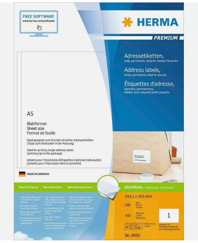 400 étiquettes HERMA 8690 blanches 148,5 x 205,0 mm