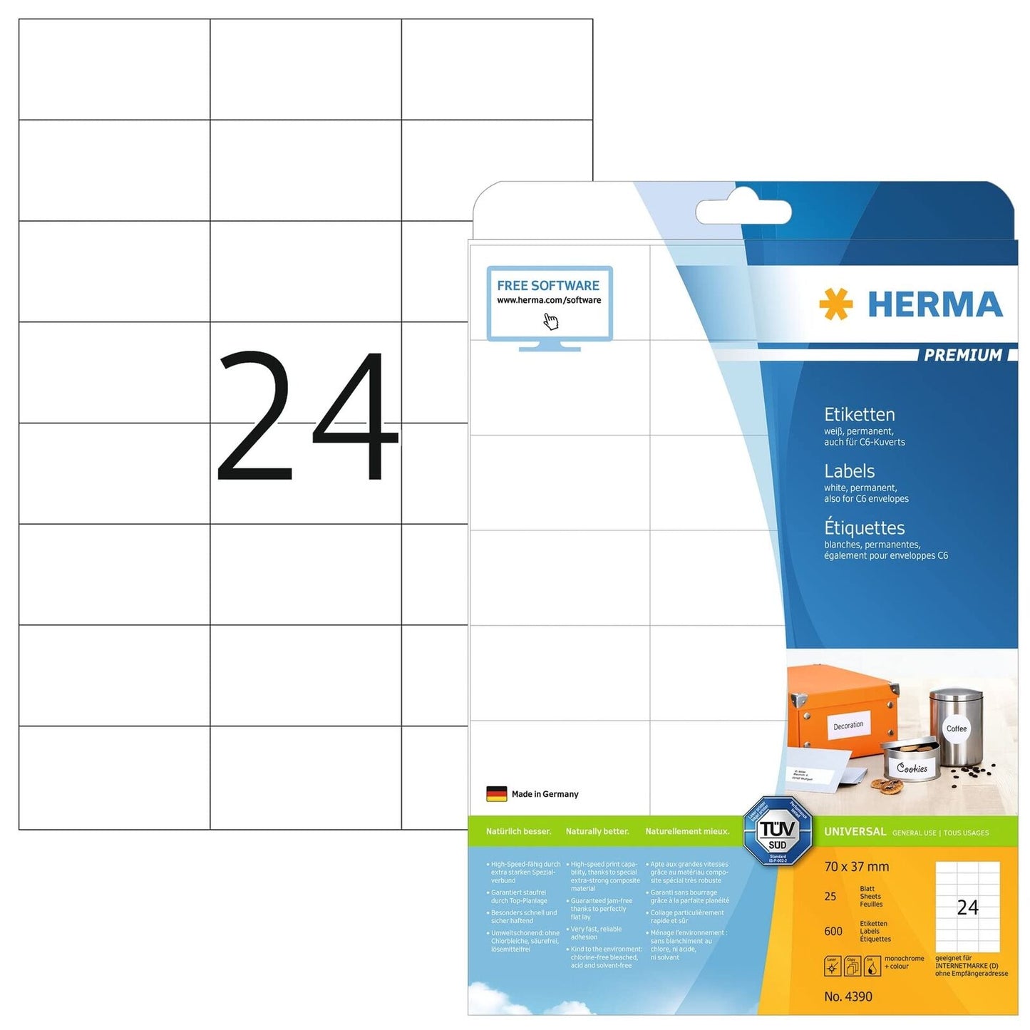 2x600 HERMA 4390 Adressetiketten Etiketten, weiß 70,0 x 37,0 mm(1200 stück)
