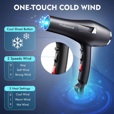 Sèche-cheveux HappyGoo Ion 2400W, sèche-cheveux avec 2 Geschwindigkeiten 3 Wärmeeinstellungen Schwarz