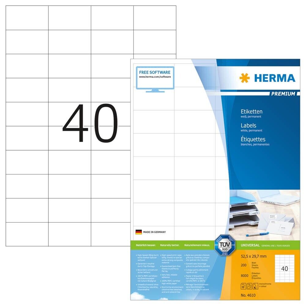 8.000 x HERMA Etiketten A4 4610 52,5 x 29,7 mm weiß