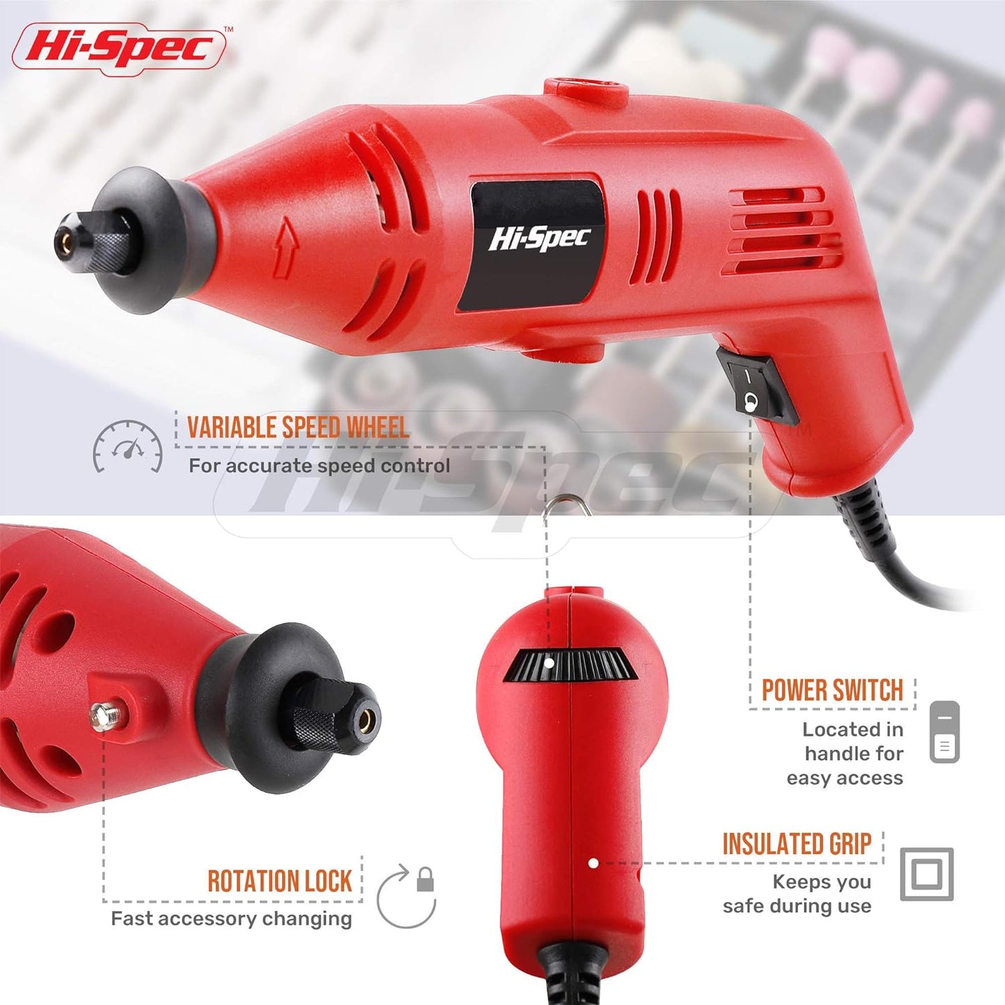 Kit d'outils rotatifs Hi-Spec Power 130 W avec 121 forets compatibles Dremel pour le perçage, la découpe, la coupe et le ponçage dans les réparations de bricolage