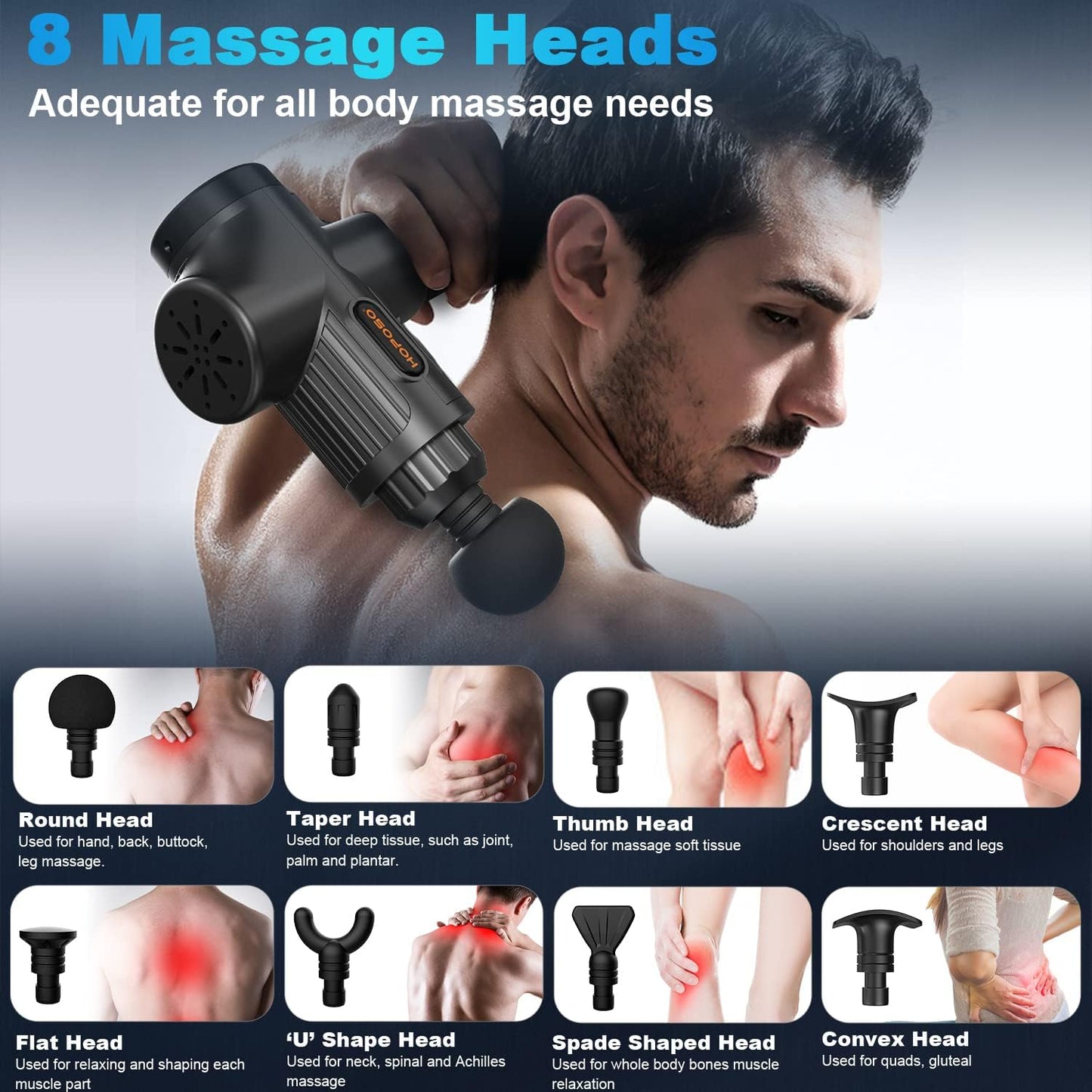 HOPOSO Massagepistole Massagegerät mit 30 Geschwindigkeiten 6 Massageköpfen