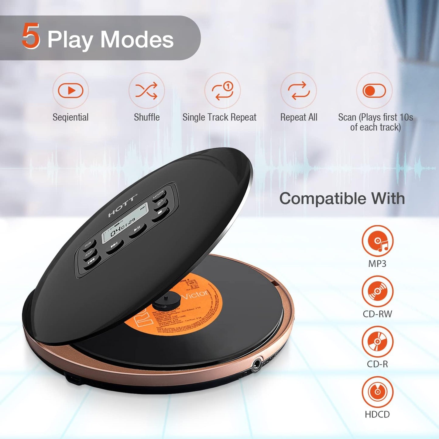 HOTT CD711T Portable Rechargeable Bluetooth CD Player Schwarz
