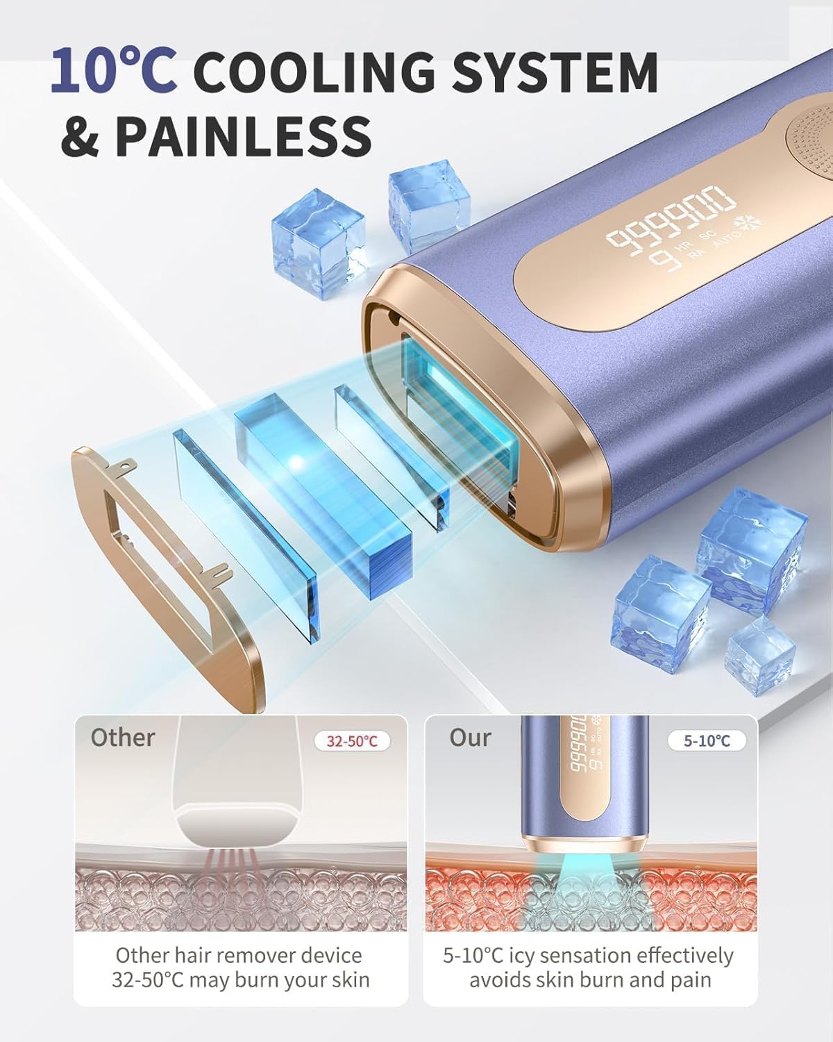 IPL Geräte Haarentfernung Laser mit Gefrierfunktion,Schmerzlose, 9 Energiestufen 3 Funktionen,Achseln Violett