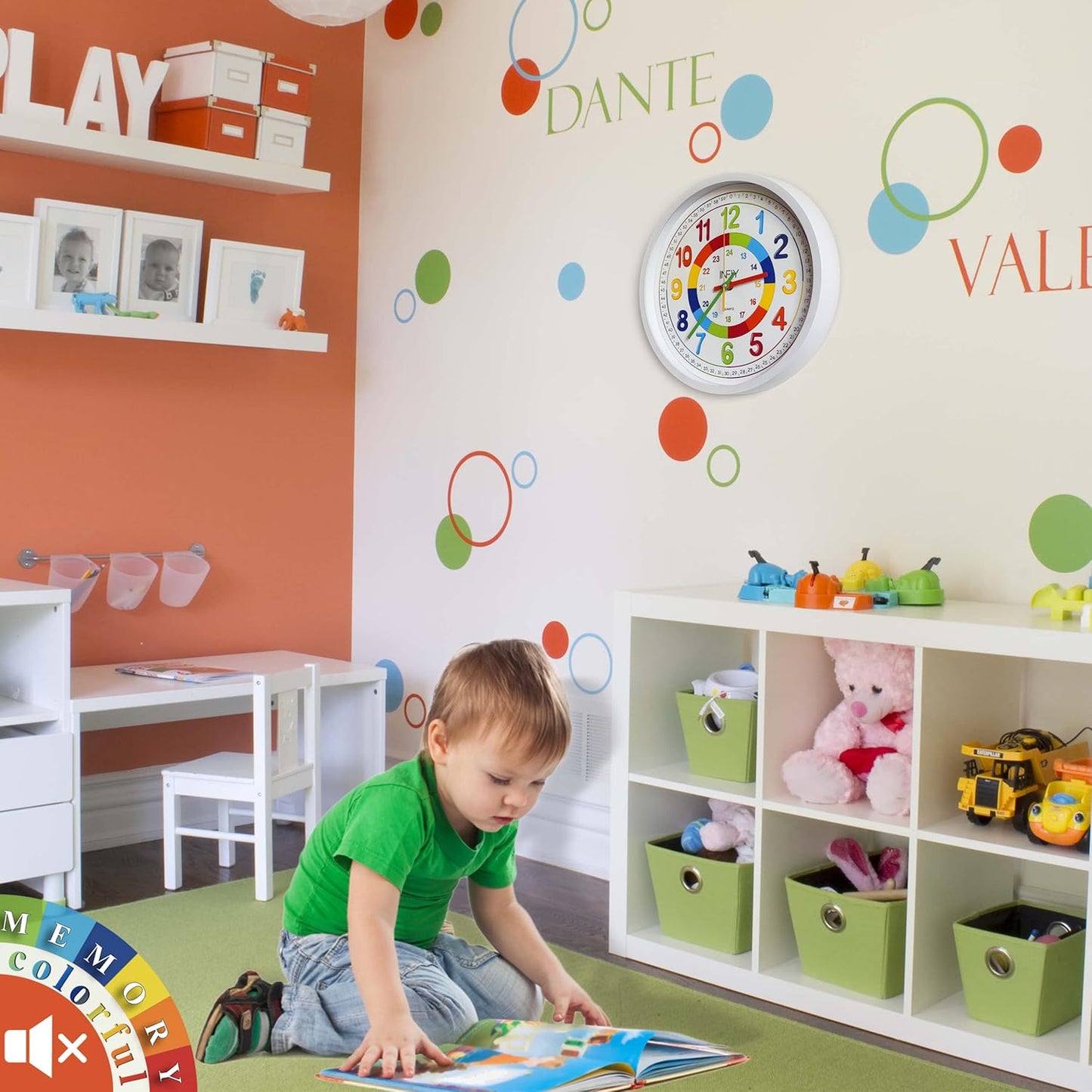 INFIY Leise Kinderwanduhr 12' (30,5 cm) für Kinderzimmer, Schlafzimmer,