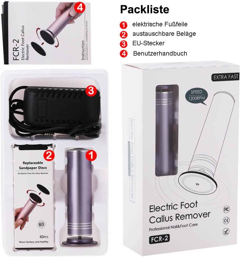 I.B.N Store Elektrische Hornhautentferner Pediküre Fußfeile mit 60 St Schleifkissen (Lila)
