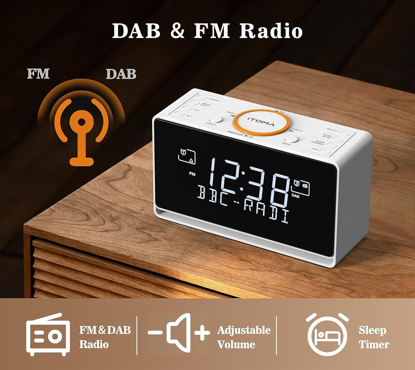 iTOMA 728 DAB- und FM-Radiowecker mit 40 Voreinstellungen,Bluetooth, Doppelalarm, Sleep-Timer,