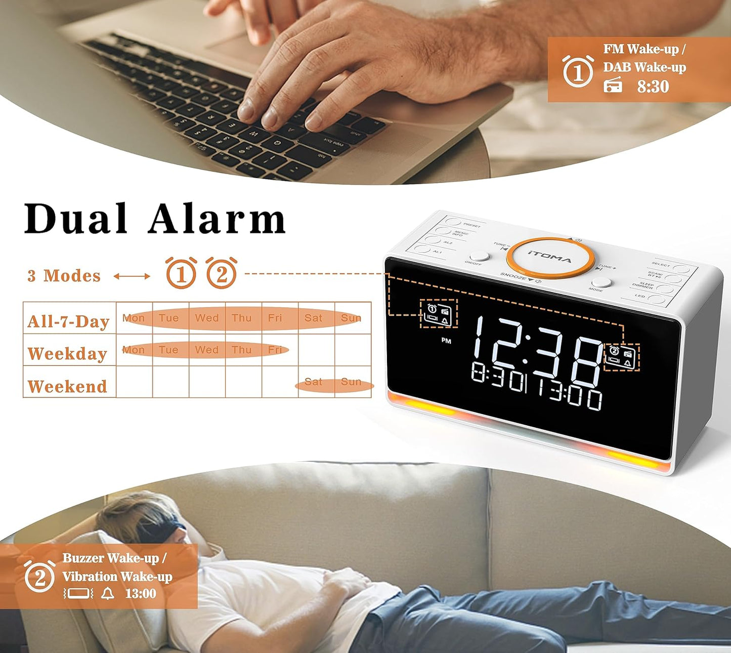 iTOMA 728 DAB- und FM-Radiowecker mit 40 Voreinstellungen,Bluetooth, Doppelalarm, Sleep-Timer,