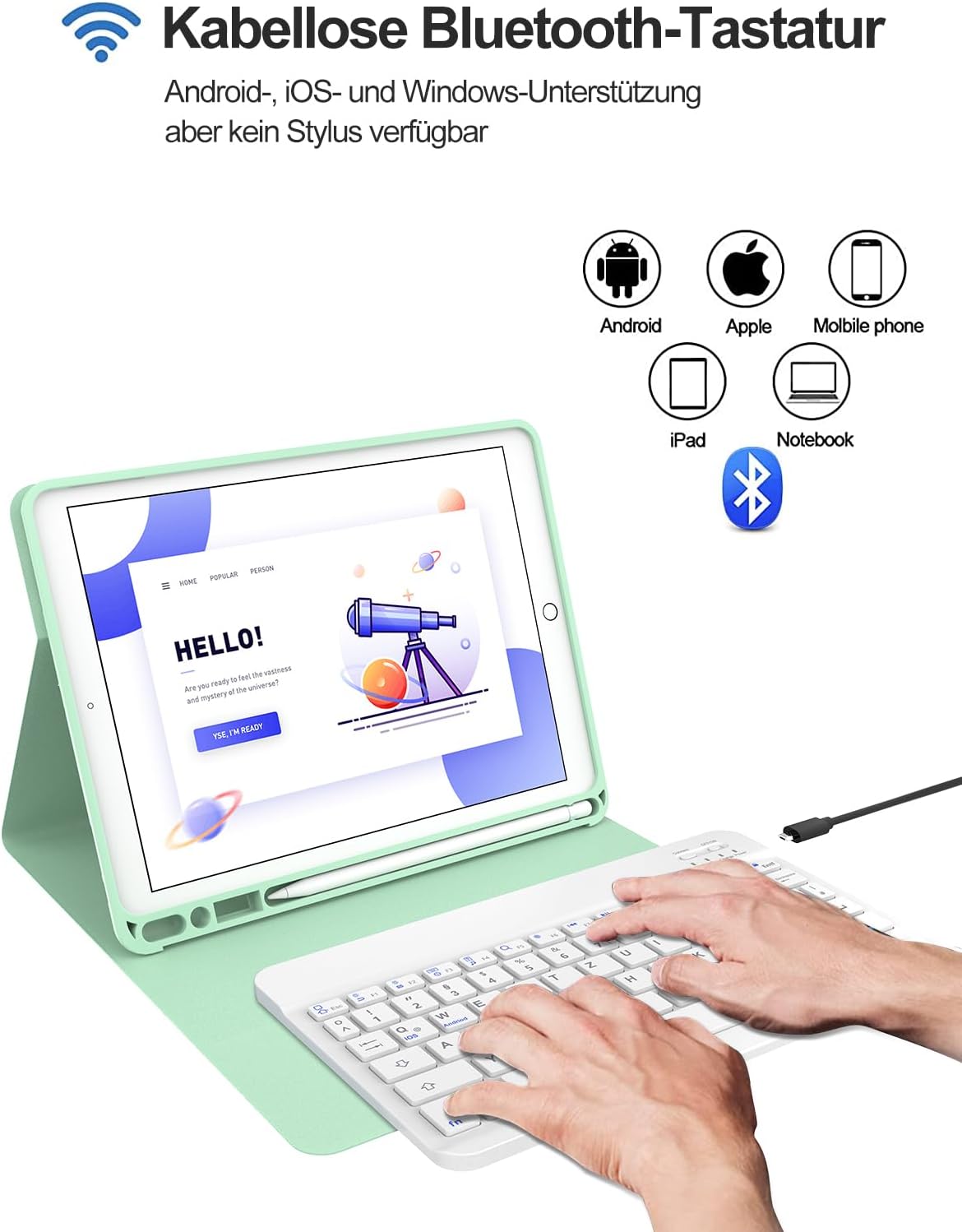 IVEOPPE iPad Tastatur Mit Hülle für 9./8./7. Gen... QWERTZ, Minzgrün