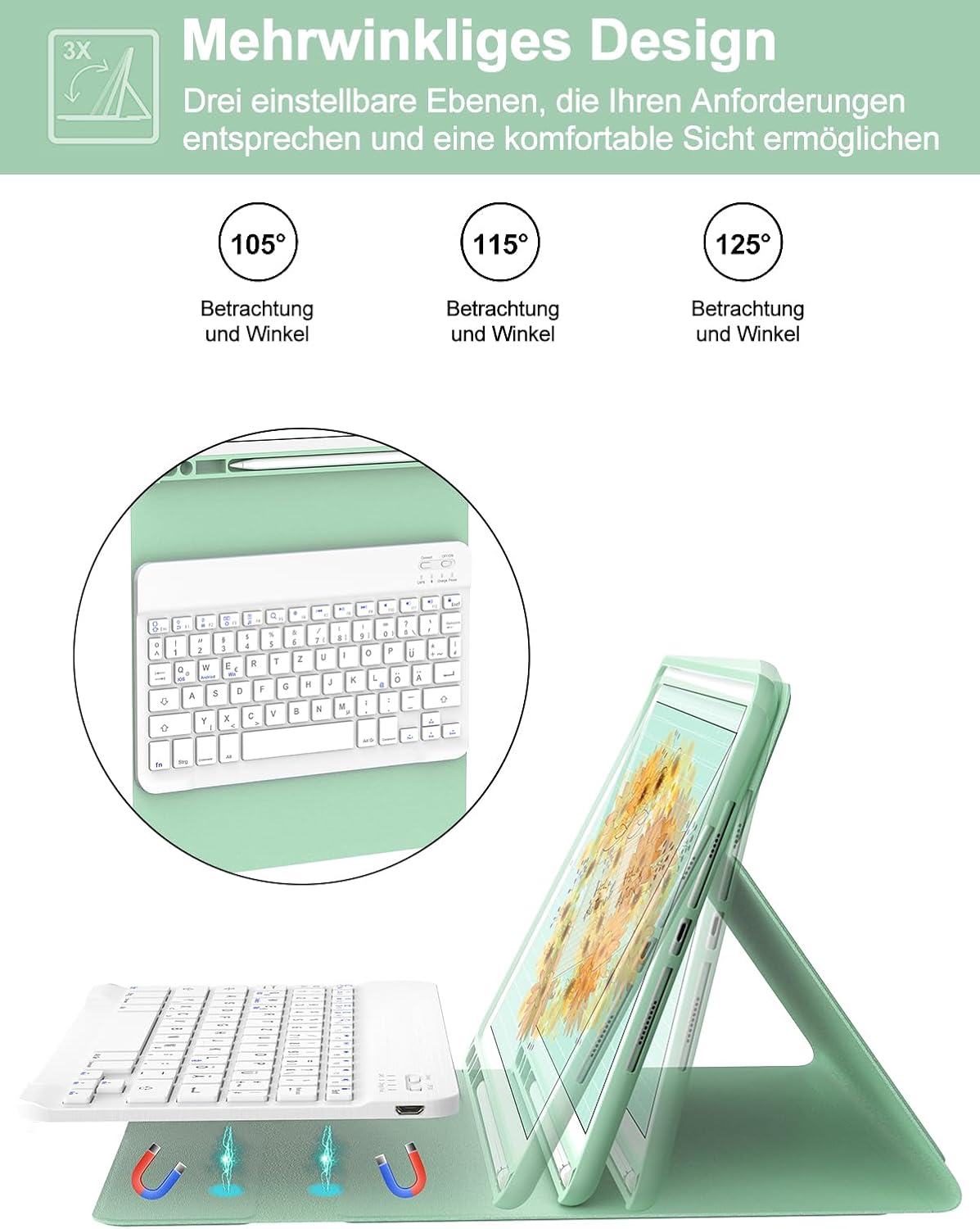 IVEOPPE iPad Tastatur Mit Hülle für 9./8./7. Gen... QWERTZ, Minzgrün