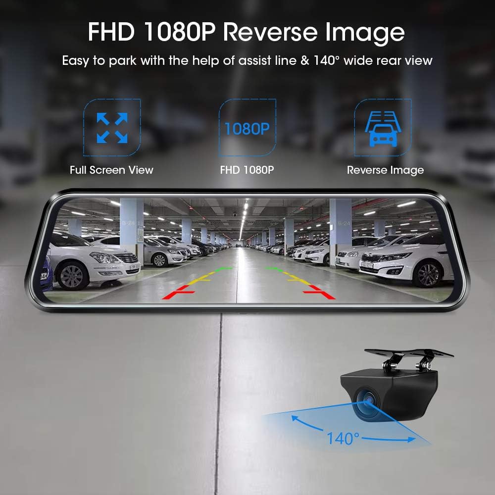 Caméra de tableau de bord Jansite avec rétroviseur et caméra de recul, écran tactile 10 pouces FHD 1080P