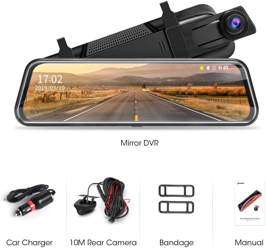 Caméra de tableau de bord Jansite avec rétroviseur et caméra de recul, écran tactile 10 pouces FHD 1080P