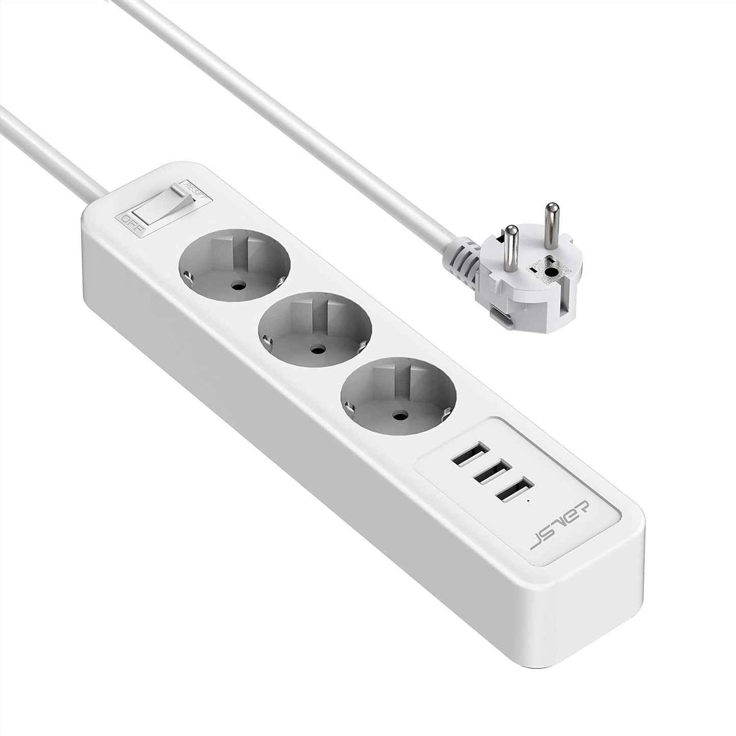JSVER Steckdosenleiste 3 Fach mit 3 USB Ladeanschlüsse 2M kabel Weiß