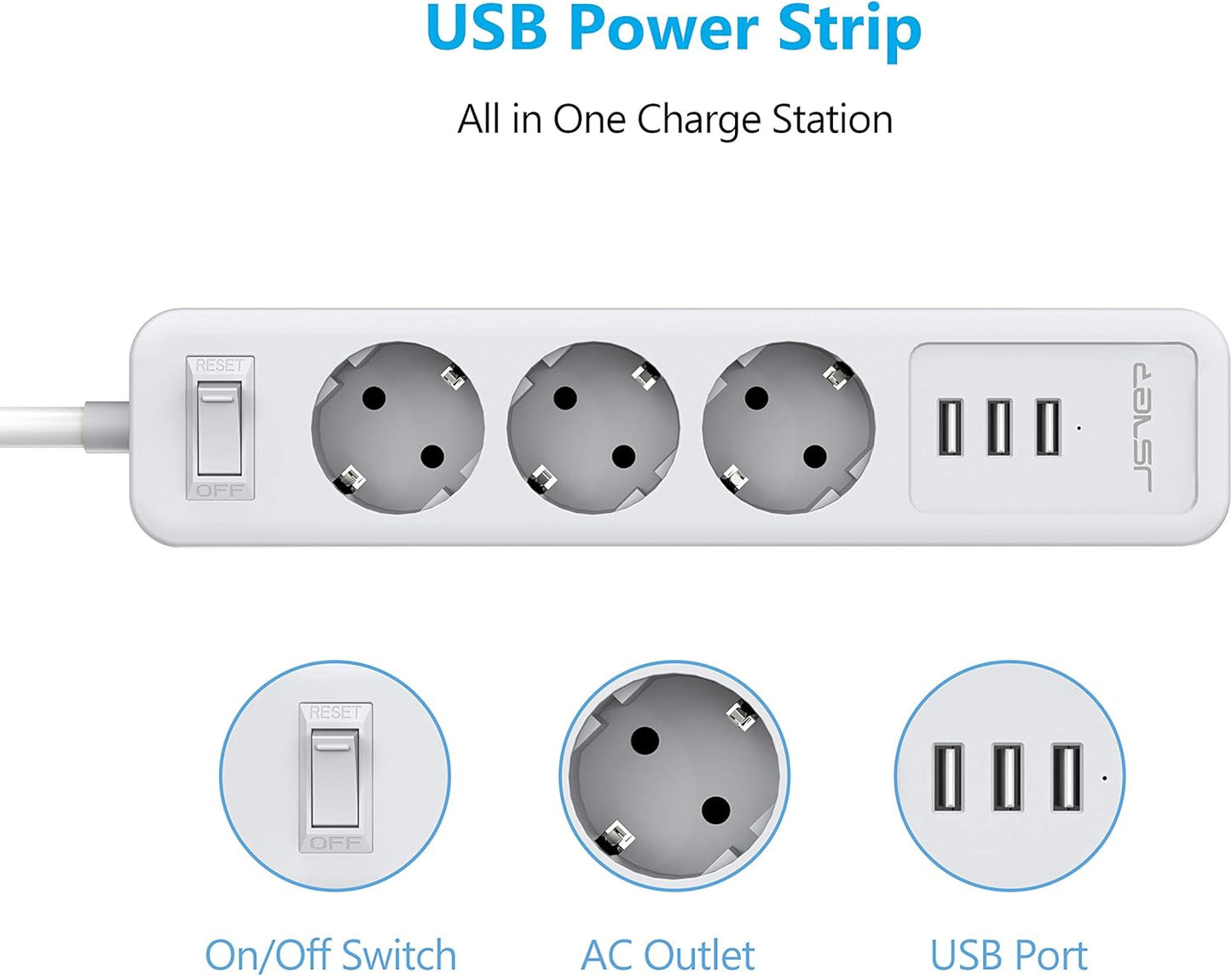 JSVER Steckdosenleiste 3 Fach mit 3 USB Ladeanschlüsse 2M kabel Weiß