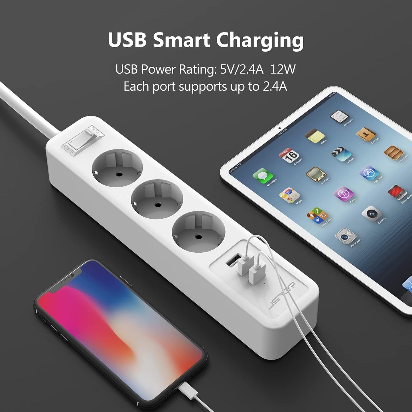 JSVER Steckdosenleiste 3 Fach mit 3 USB Ladeanschlüsse 2M kabel Weiß
