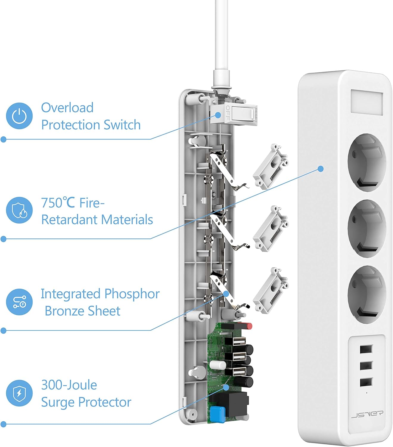 JSVER Steckdosenleiste 3 Fach mit 3 USB Ladeanschlüsse 2M kabel Weiß