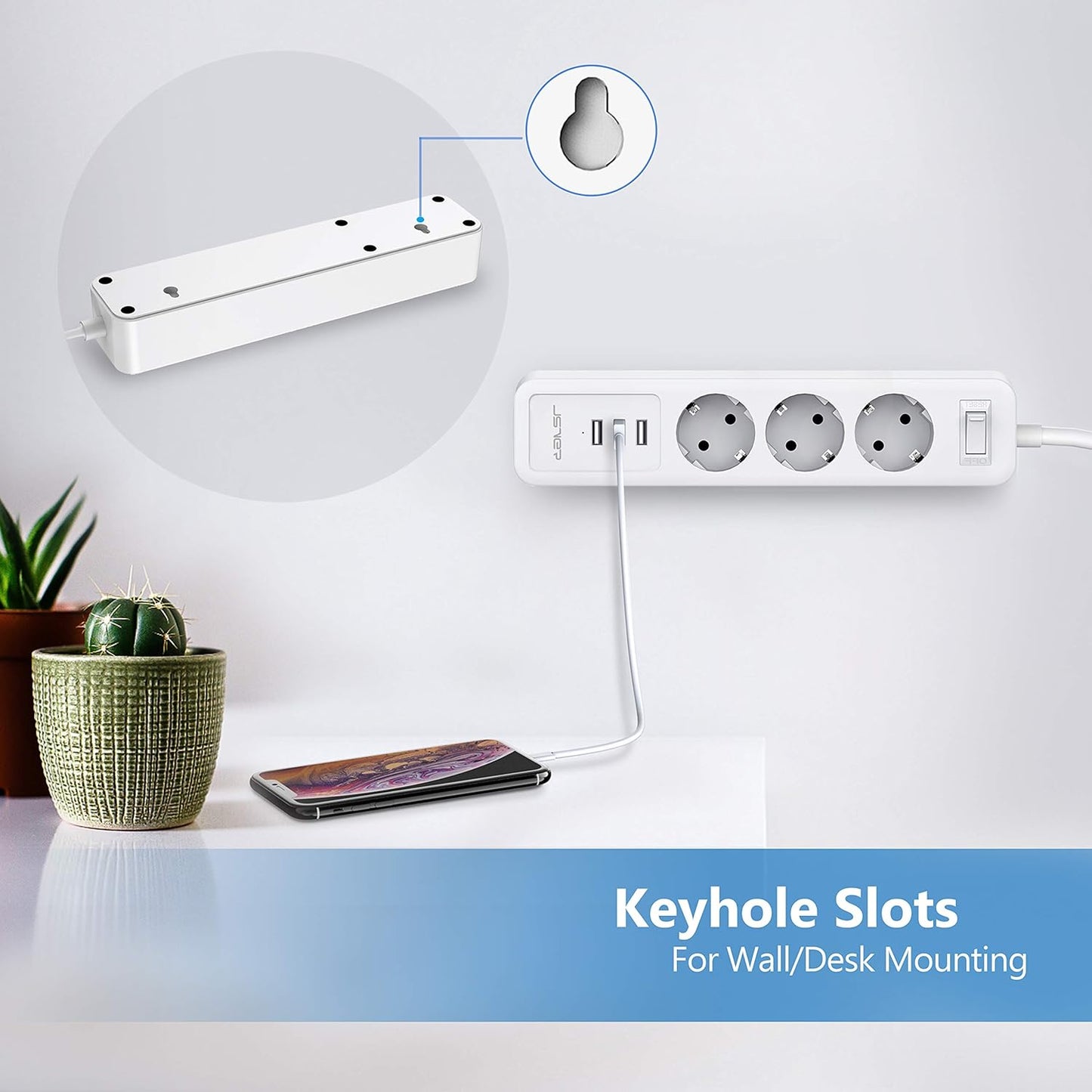 JSVER Steckdosenleiste 3 Fach mit 3 USB Ladeanschlüsse 2M kabel Weiß