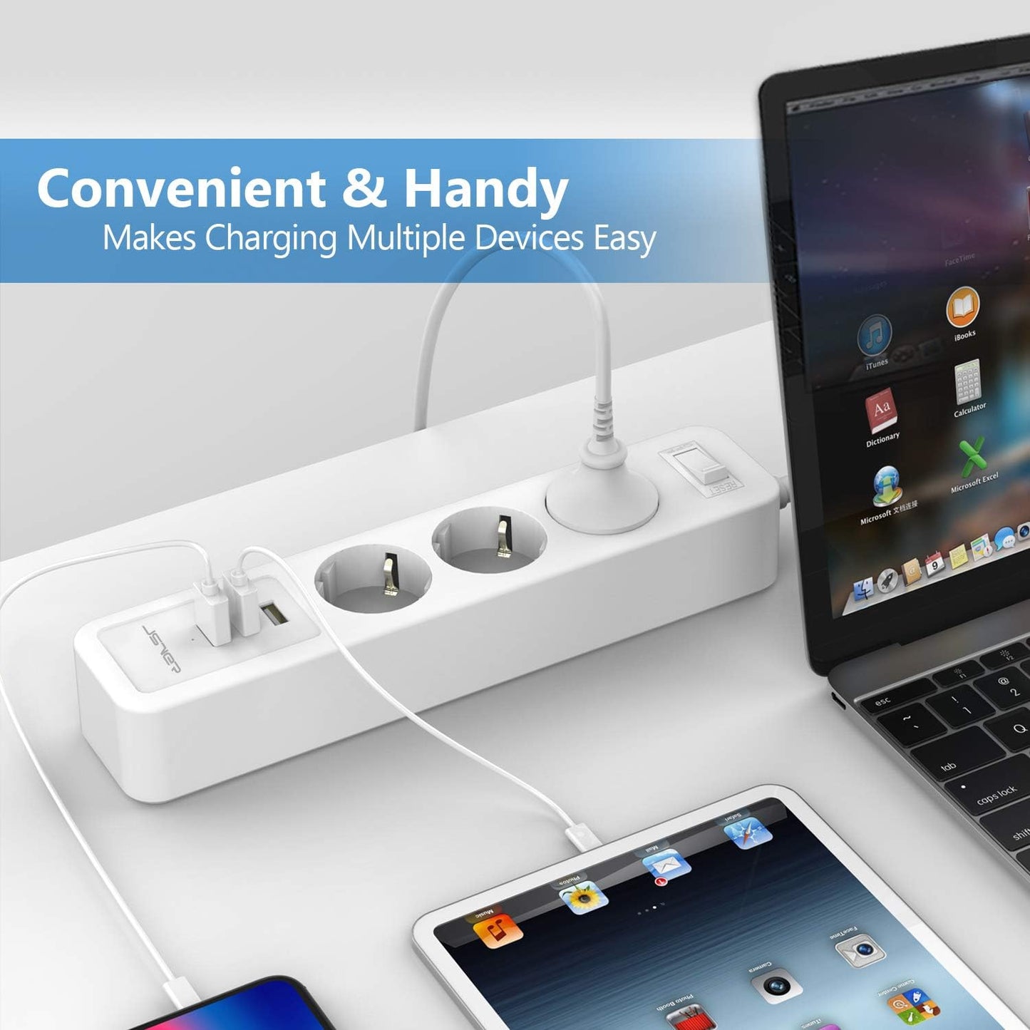 JSVER Steckdosenleiste 3 Fach mit 3 USB Ladeanschlüsse 2M kabel Weiß