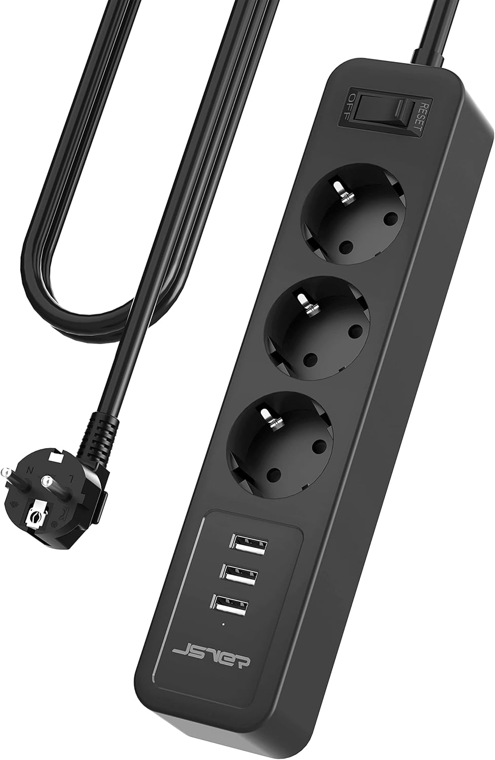 JSVER Steckdosenleiste Mehrfachsteckdose 3 Fach mit 3 USB 3M Schwarz