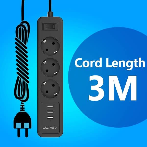 JSVER Steckdosenleiste Mehrfachsteckdose 3 Fach mit 3 USB 3M Schwarz