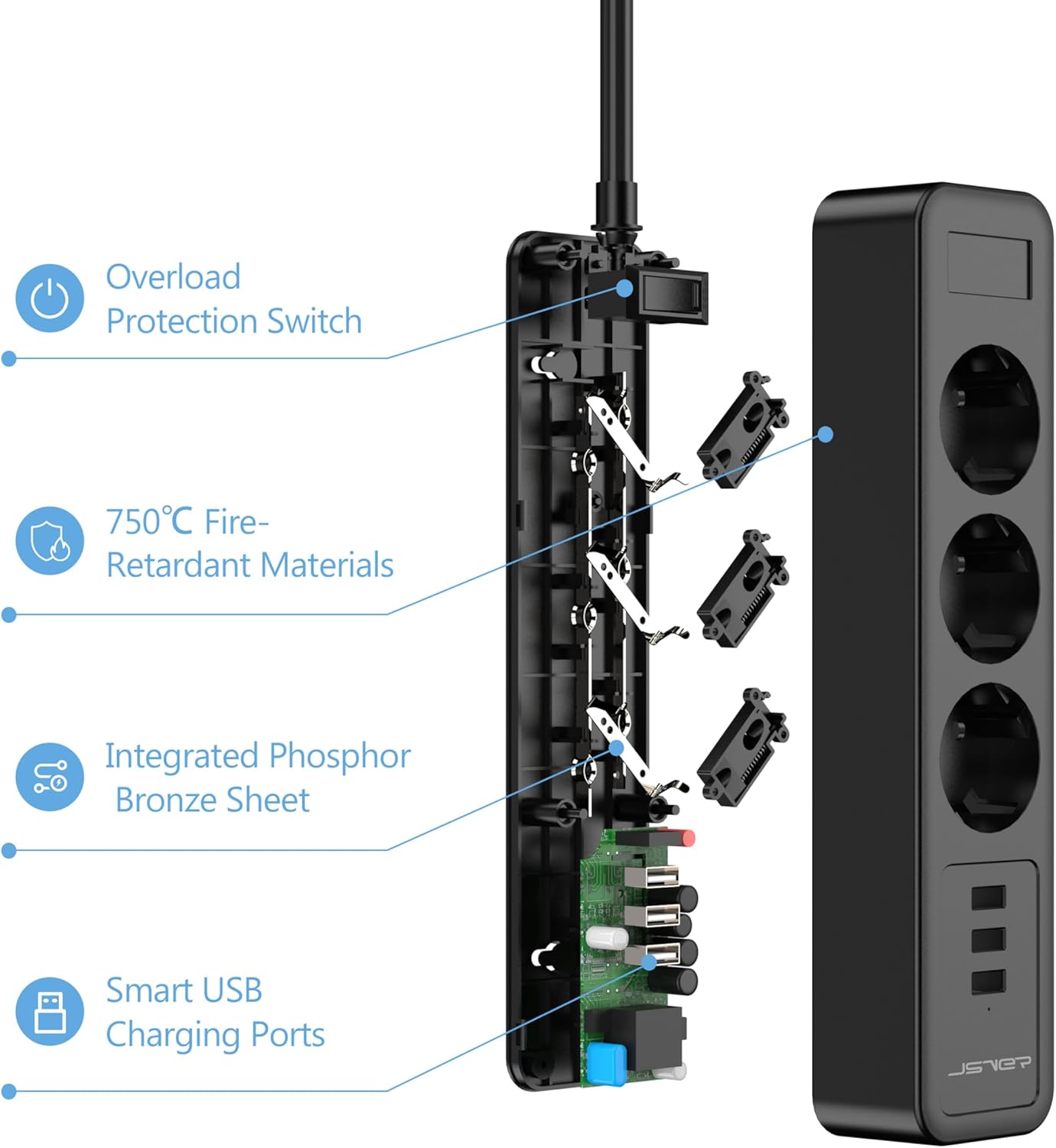 JSVER Steckdosenleiste Mehrfachsteckdose 3 Fach mit 3 USB 3M Schwarz