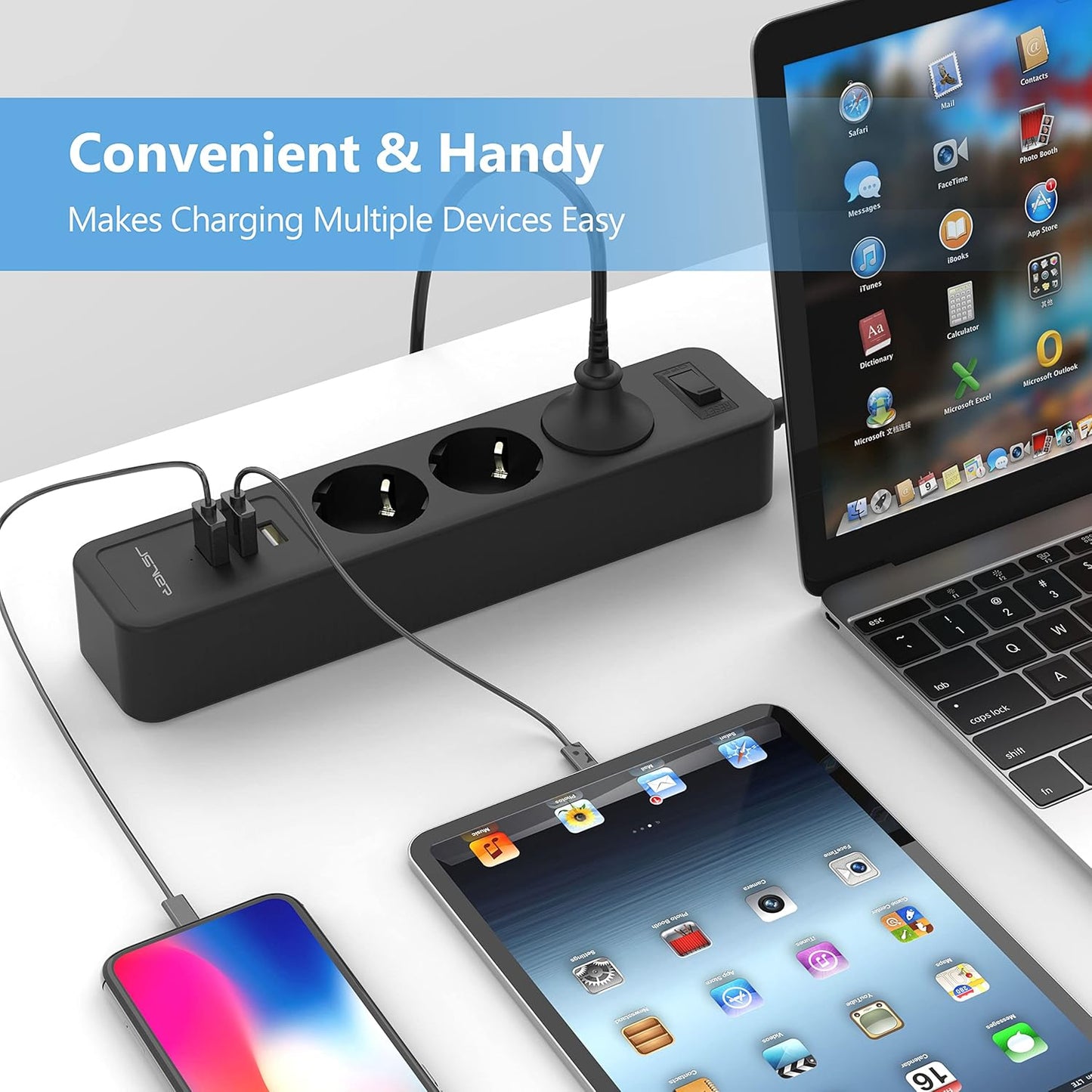 JSVER Steckdosenleiste Mehrfachsteckdose 3 Fach mit 3 USB 3M Schwarz